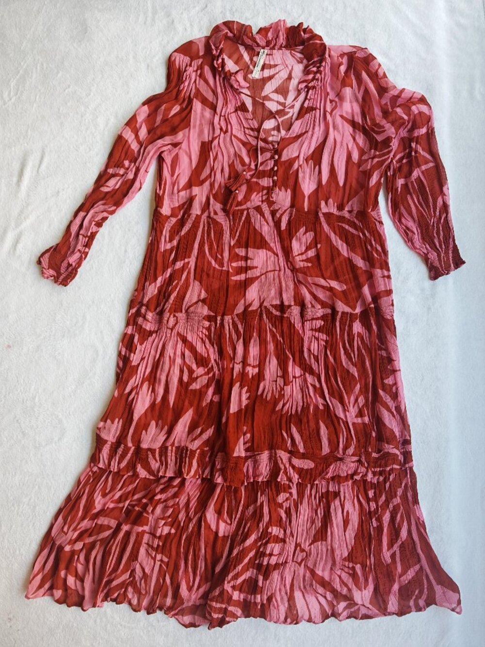 Anthropologie Marais Printed Chiffon Maxi Dress XL Pink Orange Boho Tiered Flow - Picture 8 of 15
